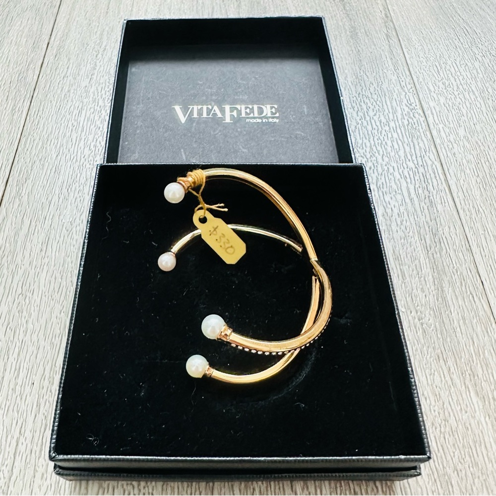 Vita Fede Double Crossed Cuff Bracelet 24k Gold Plated Pearl Crystal NWT Small
